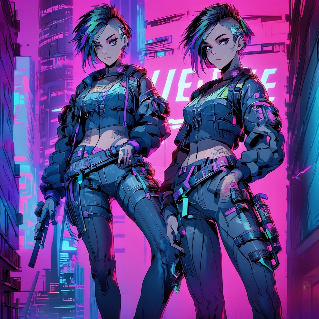 Create an anime-style, high-resolution, ultrasharp 8K masterpiece of Judy Alvarez from "Cyberpunk 2077." She has a punk-inspired look with partially shaved sides and the rest of her hair dyed in vibrant colors. Her expressive eyes are highlighted with bold, edgy makeup. She sports a series of intricate tattoos covering her neck, arms, and torso, adding to her rebellious aura. Judy wears a stylish, futuristic outfit with a mix of leather and neon accents, embodying the gritty, cyberpunk aesthetic. The background should reflect the neon-lit streets of Night City, emphasizing the urban, high-tech environment. Capture her confident, determined expression as she stands ready, showcasing her role as a skilled braindance technician and fierce protector of the marginalized.