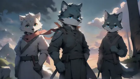 Wolf，juvenile，male，Gray-black fur，Sky blue eyes，Ancient combat uniform，scarf，Holding a long sword，Scabbard back，permanent，The on...