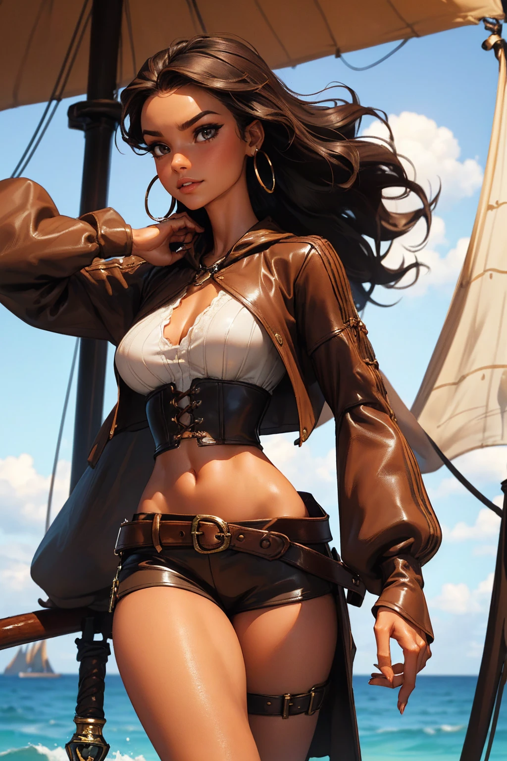 (masterpiece), best quality, expressive eyes, perfect face, (pirate ship background), (standing), (smirk), (closeup view), (1girl, vanessa alessia, dark skin, tanned skin, brown hair, wavy hairstyle, brown eyes, hourglass figure, thin body, skinny body, petite_body, medium breasts, thick thighs, long fingernails, white front lace blouse, long sleeve, loose fit, brown leather corset, brown leather shorts, brown boots, sheathed cutlass sword, flintlock pistol in holster, hoop earrings, miscellaneous jewelry)