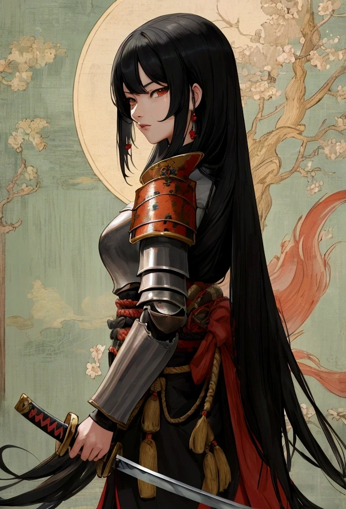 a picture of Japanese female knight, she has long black hair, wearing samurai armor, armed with a katana, ready for battle, ((shot taken from the back)), Japanese fantasy art, (Masterpiece: 1.5), 16k, highres, best quality, high details, ultra detailed, masterpiece, best quality, (extremely detailed), arafed, dnd art, JapaneseKatana, wtrcolor style