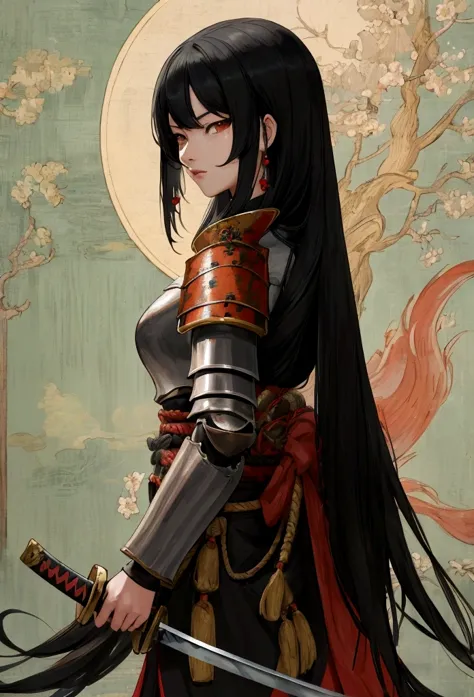 a picture of Japanese female knight, she has long black hair, wearing samurai armor, armed with a katana, ready for battle, ((sh...