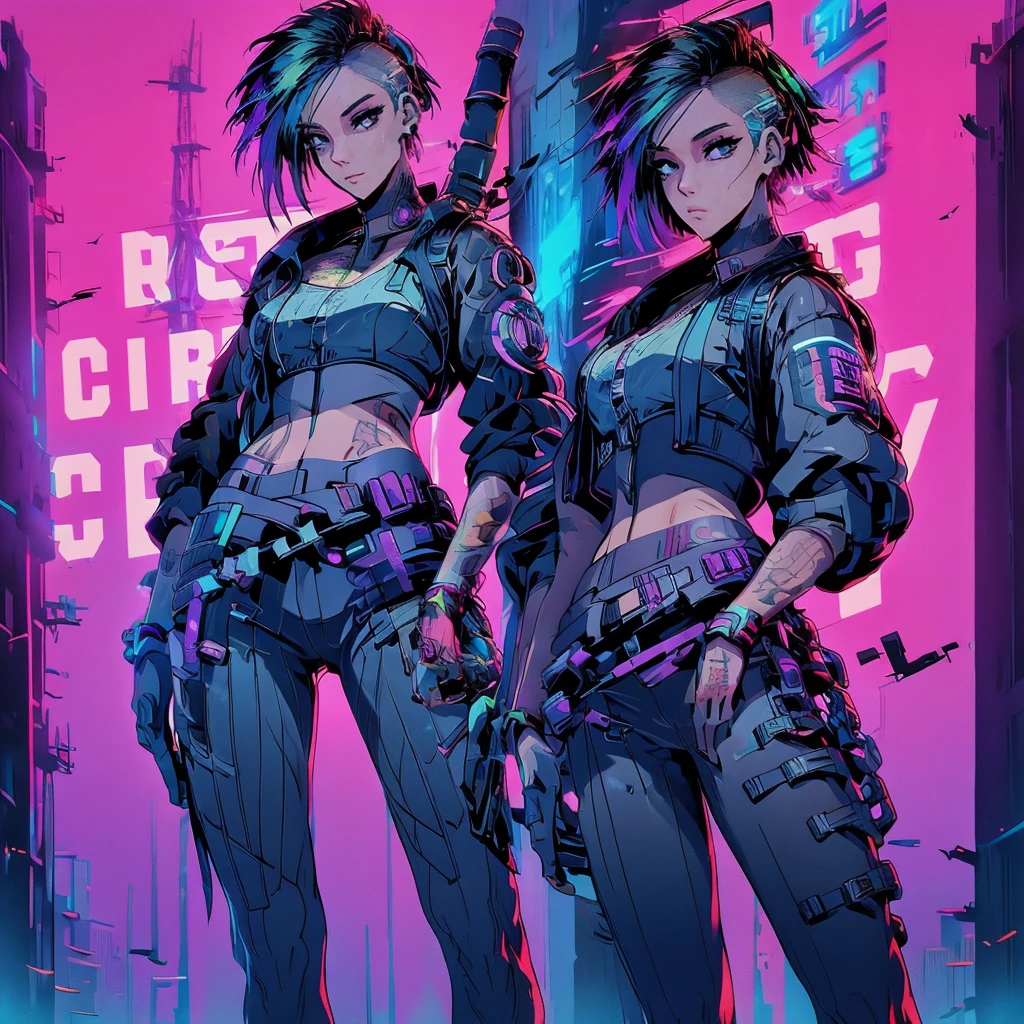 Create an anime-style, high-resolution, ultrasharp 8K masterpiece of Judy Alvarez from "Cyberpunk 2077." She has a punk-inspired look with partially shaved sides and the rest of her hair dyed in vibrant colors. Her expressive eyes are highlighted with bold, edgy makeup. She sports a series of intricate tattoos covering her neck, arms, and torso, adding to her rebellious aura. Judy wears a stylish, futuristic outfit with a mix of leather and neon accents, embodying the gritty, cyberpunk aesthetic. The background should reflect the neon-lit streets of Night City, emphasizing the urban, high-tech environment. Capture her confident, determined expression as she stands ready, showcasing her role as a skilled braindance technician and fierce protector of the marginalized.