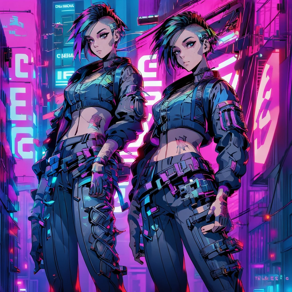 Create an anime-style, high-resolution, ultrasharp 8K masterpiece of Judy Alvarez from "Cyberpunk 2077." She has a punk-inspired look with partially shaved sides and the rest of her hair dyed in vibrant colors. Her expressive eyes are highlighted with bold, edgy makeup. She sports a series of intricate tattoos covering her neck, arms, and torso, adding to her rebellious aura. Judy wears a stylish, futuristic outfit with a mix of leather and neon accents, embodying the gritty, cyberpunk aesthetic. The background should reflect the neon-lit streets of Night City, emphasizing the urban, high-tech environment. Capture her confident, determined expression as she stands ready, showcasing her role as a skilled braindance technician and fierce protector of the marginalized.