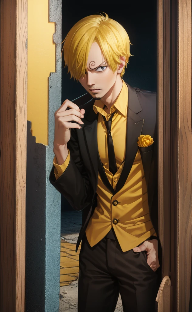 1man, sanji in anime one piece, short hair , yellow hair, black eyes, handsome, black clothes, realistic clothes, detail clothes, city background, ultra detail, realistic