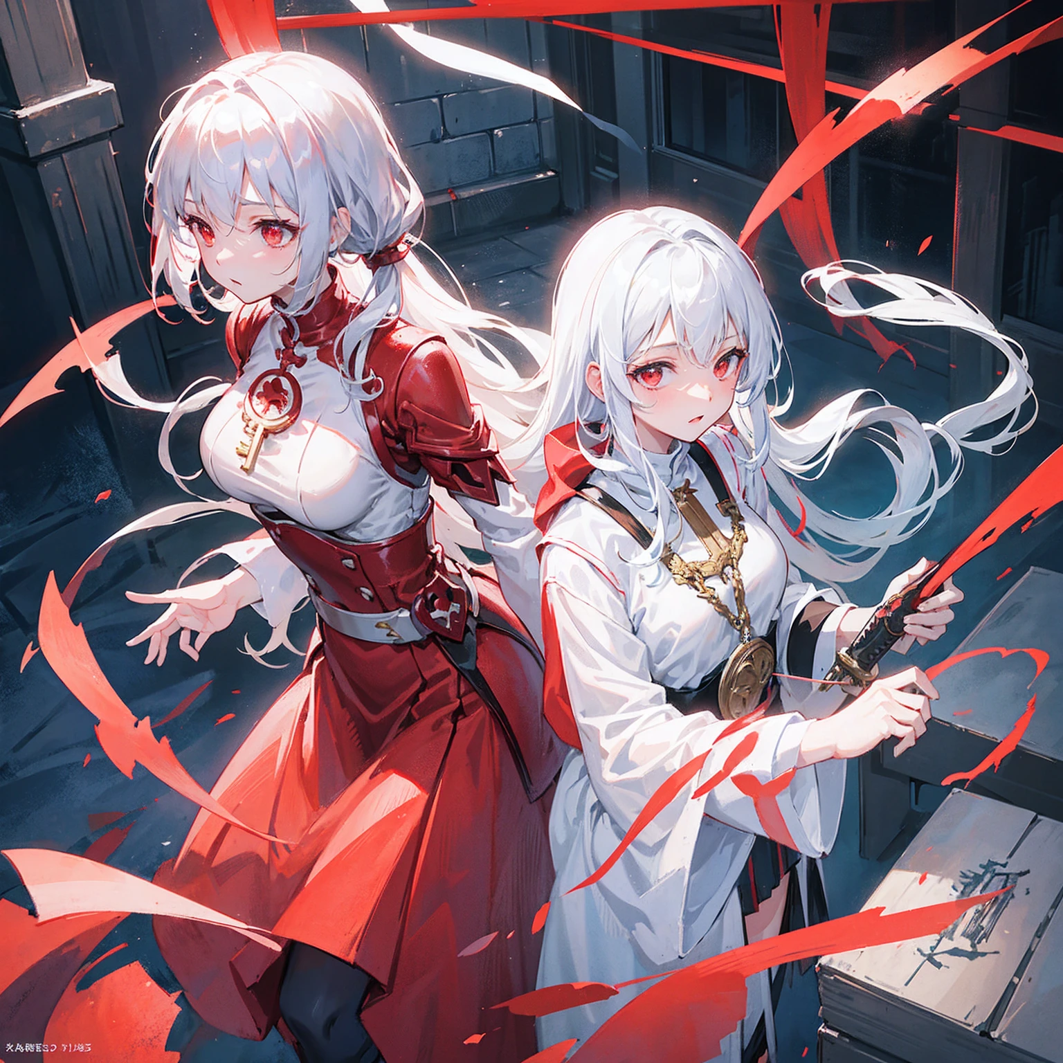 Wearing a red and white dress、anime girl holding sword, Highly detailed official artwork, Epic Light Novel Cover Art, epic Light novel cover art, Silver and red armor, guweiz on pixiv artstation, Anime style 4K, Detailed key animation art, Light novel cover art, Anime Fantasy Artwork，White hair and red eyes，Side Ponytail，Waist-length hair，one person，Portraiture，Look forward