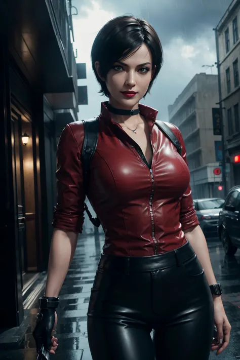 Resident Evil 6,Ada,Short Hair,Red Shirt,Stand up your collar,Black Leather Pants,Photorealistic,Ultra HD,high quality,masterpie...