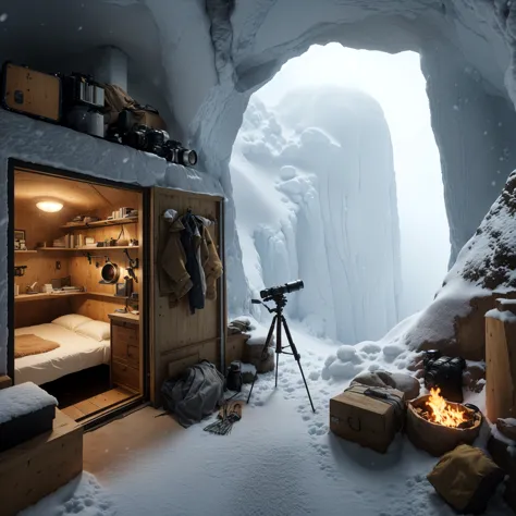 there is a room，there is a bed and a camera inside, snow cave, made in unreal engine 5, unreal engine. stills, rendering with un...