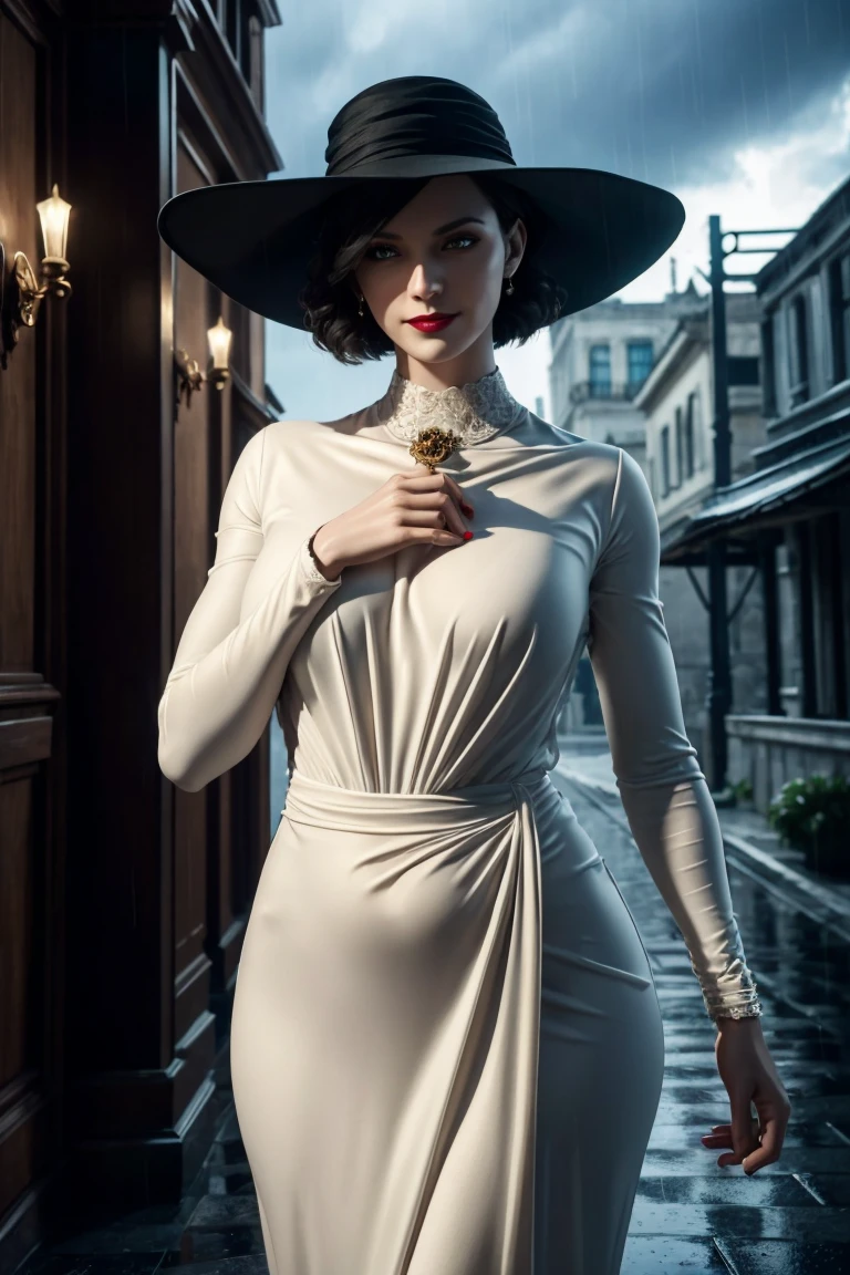 Resident Evil 8,Madame Dumitrescu,Short Hair,Pure white skin,Golden eyes,tall,White long dress,Black hat, black rose brooch,Photorealistic,Ultra HD,high quality,masterpiece,Digital SLR,Detailed details,Intricate details,Anatomical basis,Depicted in detail,A detailed face,Realistic skin texture,Vivid details,Perfect Anatomy,Perfect Anatomy,Anatomically correct hand,Anatomically correct fingers,Super Detail,Complex 3D rendering,Sexy pose,Rainy Sky,Beautiful scenery,Fantastic rainy sky,Picturesque,Red Lip,smile,