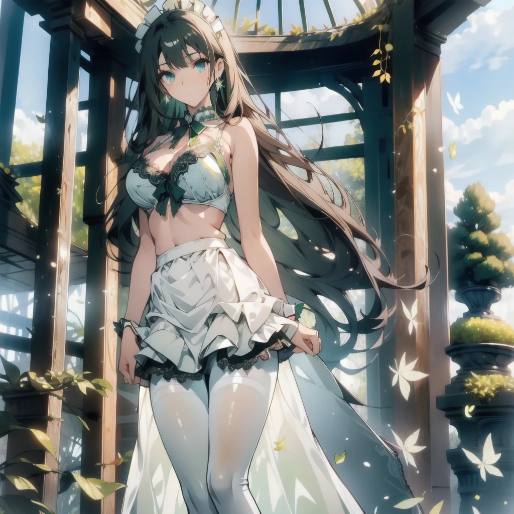 ((masterpiece, best quality)), Delicate face，Maid，whole body，Standing picture，Long legs，Large Breasts，Gradient long wavy hair，Perfect body proportions，Nice green eyes，Extremely beautiful，transparent， Pure white background，Garden falling leaves，Sexy_Bikini，Lace，Pantyhose