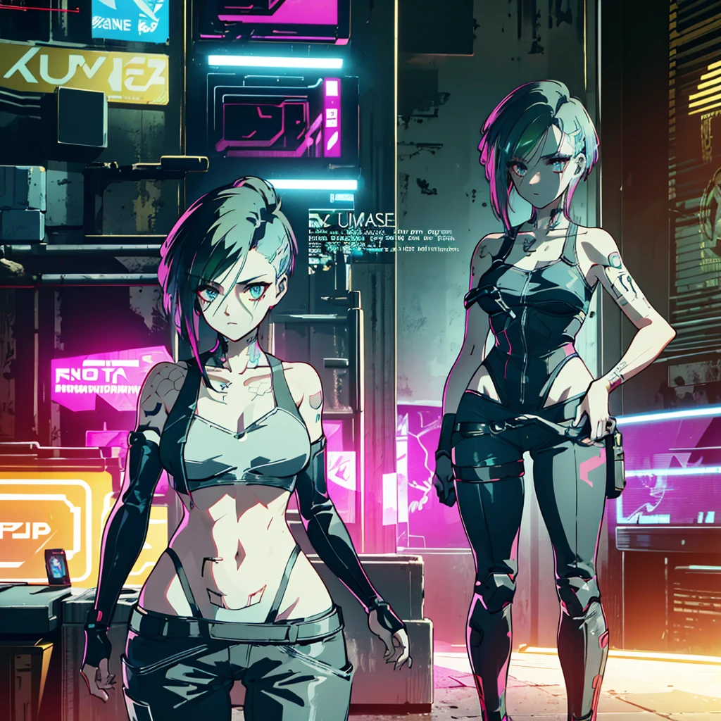 Create an anime-style, high-resolution, ultrasharp 8K masterpiece of Judy Alvarez from "Cyberpunk 2077." She has a punk-inspired look with partially shaved sides and the rest of her hair dyed in vibrant colors. Her expressive eyes are highlighted with bold, edgy makeup. She sports a series of intricate tattoos covering her neck, arms, and torso, adding to her rebellious aura. Judy wears a stylish, futuristic outfit with a mix of leather and neon accents, embodying the gritty, cyberpunk aesthetic. The background should reflect the neon-lit streets of Night City, emphasizing the urban, high-tech environment. Capture her confident, determined expression as she stands ready, showcasing her role as a skilled braindance technician and fierce protector of the marginalized.