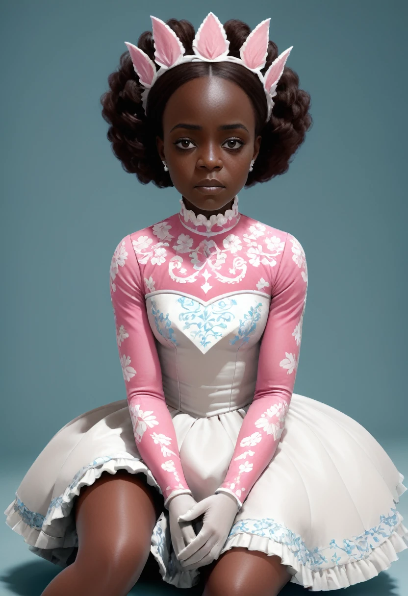 (xlsanaa, dark skin, kenyan, Style-Princess, fflixbom, white and pink cat facepaint) (1 man, 1 catgirl) (hetero, couple) (crossdressing, fully clothed) (brown hair, blue eyes) (portrait) (women's clothes only) (women's beautifully feminine skintight velvet floral print frilly girly pink adorable ballet leotards) (white opaque tights, no shoes) (tiaras, pink shoulder-length silk gloves:1.3) (woman's bedroom, four-poster bed) (lying down, hugging, bending knee) (intimacy, playfulness, closeness)