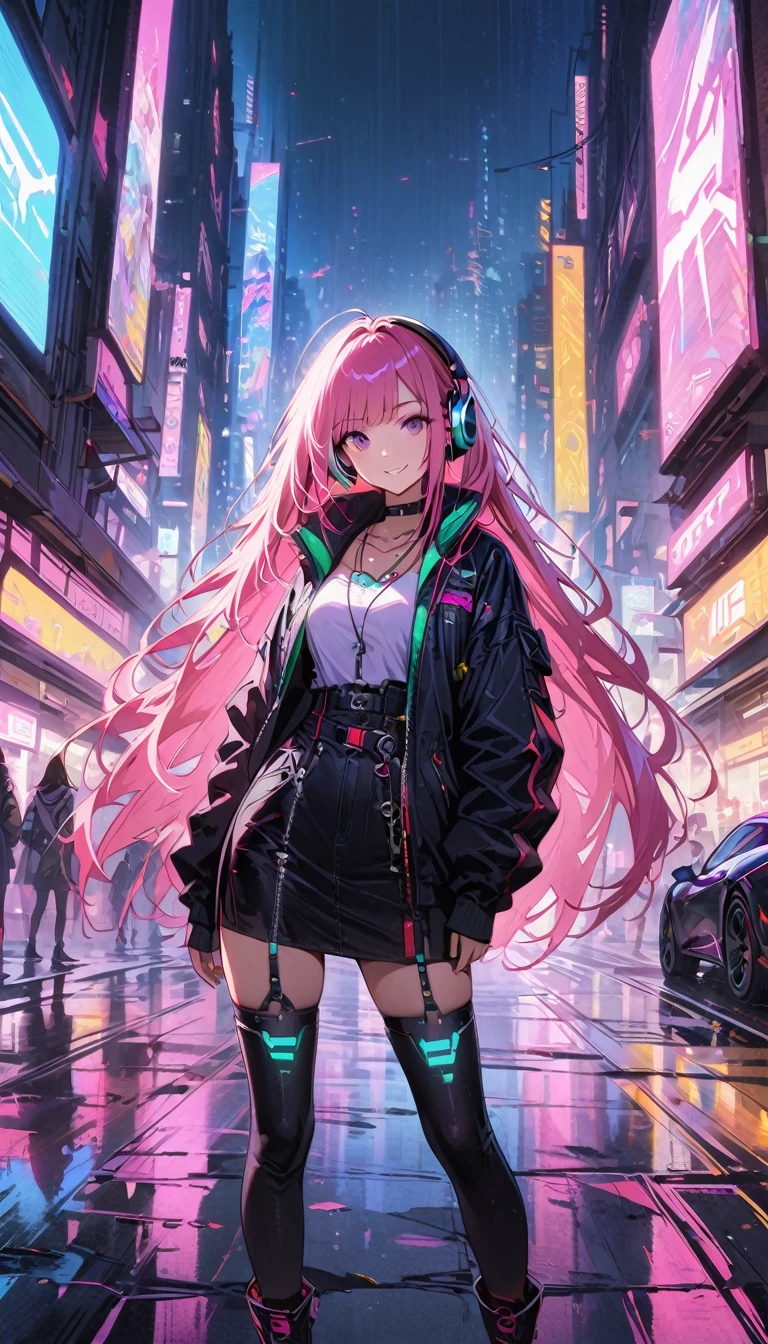 1girl,cyberpunk, Chinese girl, translucent，Wearing headphones，futuristic city, neon lights, high-tech, digital sky, large moon, flying cars, futuristic dress, glowing earphones, jewelry, necklace, long hair, transparent accessories, dynamic pose, smiling, facing camera, ultra-realistic, high-quality, 8K resolution, detailed, futuristic, modern fashion, traditional elements, glowing jewelry, cyberpunk fashion