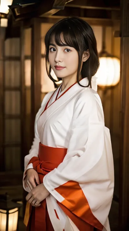 ((( from front view))), Full body , standing pose, in Japanese Shinto shrine, on floor ,  Dressed as a Japanese shrine maiden、To...