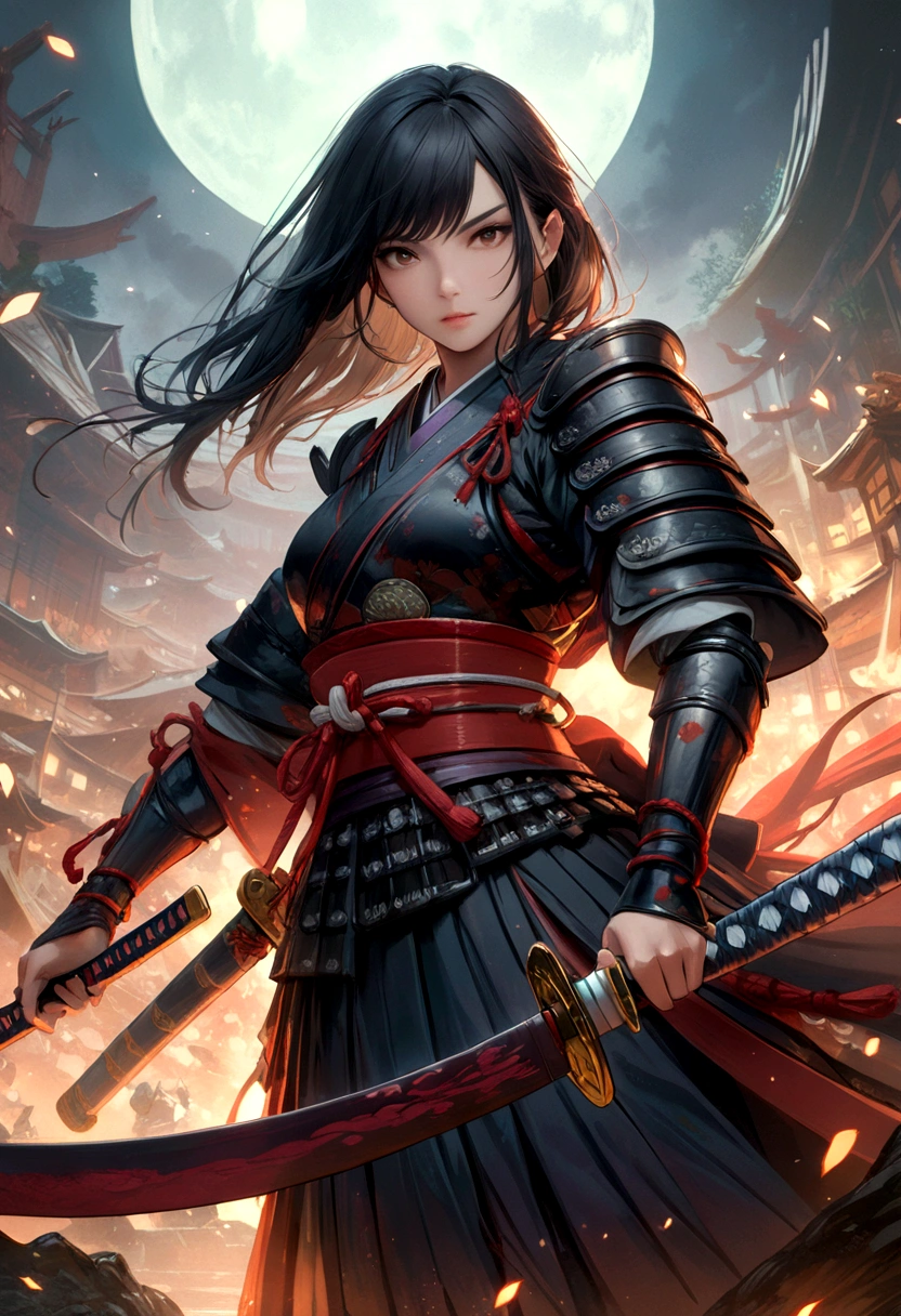 uma foto de uma samurai japonesa, Ela tem o cabelo preto longo, vestindo armadura de samurai, armado com uma katana, pronto para a batalha, Ângulo Dinâmico,, Arte de fantasia japonesa, (obra de arte: 1.5), 16k, alta resolução, melhor qualidade, detalhes altos, ultra detalhado, obra de arte, melhor qualidade, (extremamente detalhado), arafed, arte, Katana Japonesa, estilo wtrcolor