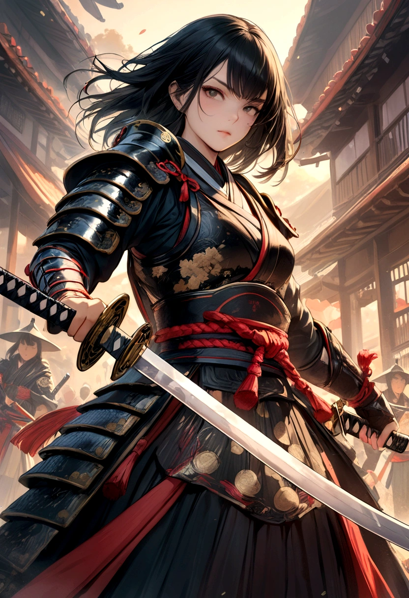 uma foto de uma samurai japonesa, Ela tem o cabelo preto longo, vestindo armadura de samurai, armado com uma katana, pronto para a batalha, Ângulo Dinâmico,, Arte de fantasia japonesa, (obra de arte: 1.5), 16k, alta resolução, melhor qualidade, detalhes altos, ultra detalhado, obra de arte, melhor qualidade, (extremamente detalhado), arafed, arte, Katana Japonesa, estilo wtrcolor