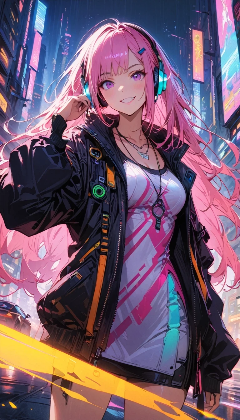 1girl,cyberpunk, Chinese girl, translucent，Wearing headphones，futuristic city, neon lights, high-tech, digital sky, large moon, flying cars, futuristic dress, glowing earphones, jewelry, necklace, long hair, transparent accessories, dynamic pose, smiling, facing camera, ultra-realistic, high-quality, 8K resolution, detailed, futuristic, modern fashion, traditional elements, glowing jewelry, cyberpunk fashion