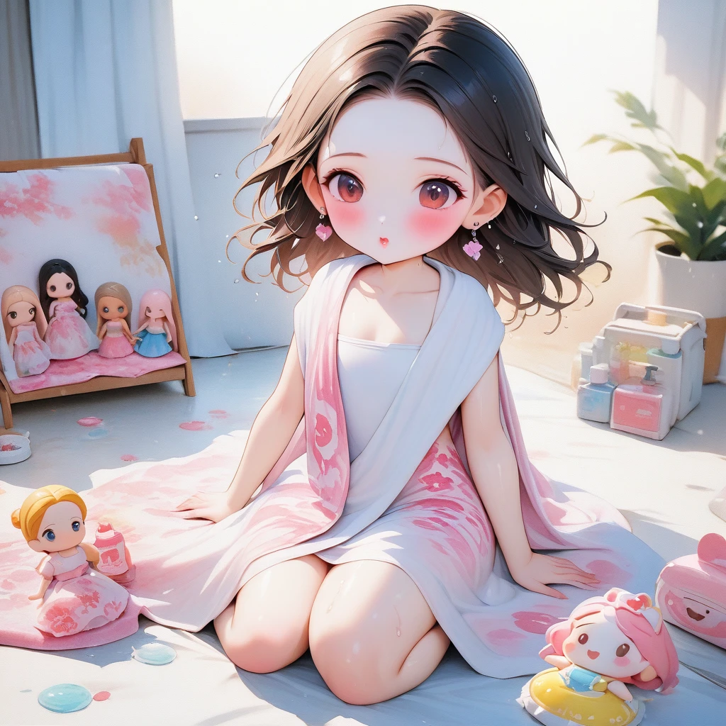 (masterpiece, Highest quality: 1.2),Barbie Doll,，colloid， Sexy Eyes，Expression of kiss，Wet pink and white sexy lips， colloid皮肤，Full Figure，Earrings（（Watercolor towel）），Full Body Shot