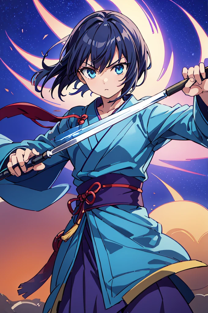 mais alta qualidade, obra de arte, Alta resolução, sozinho, （Rurouni Kenshin: Saito Hajime），Olhos brilhantes，（lança) ，Impulso de lança，quimono，（Postura de lança），（Jinhaori），céu noturno_fundo，jovem，estilo anime, mais alta qualidade, 4K, obra de arte,， sozinho, 1,todo o corpo，olhando para a câmera, Estilo Shinkai Makoto, （azul claro_casaco）olhos afiados，postura baixa，（(lança‗pose)) ，（Dedo cheio）, （Pontas dos dedos precisas）, （Os detalhes mais sutis）, （Anatomicamente correto）, (映画のfundo), Hiper detalhe, (Detalhes sutis), (detalhes intrincados),