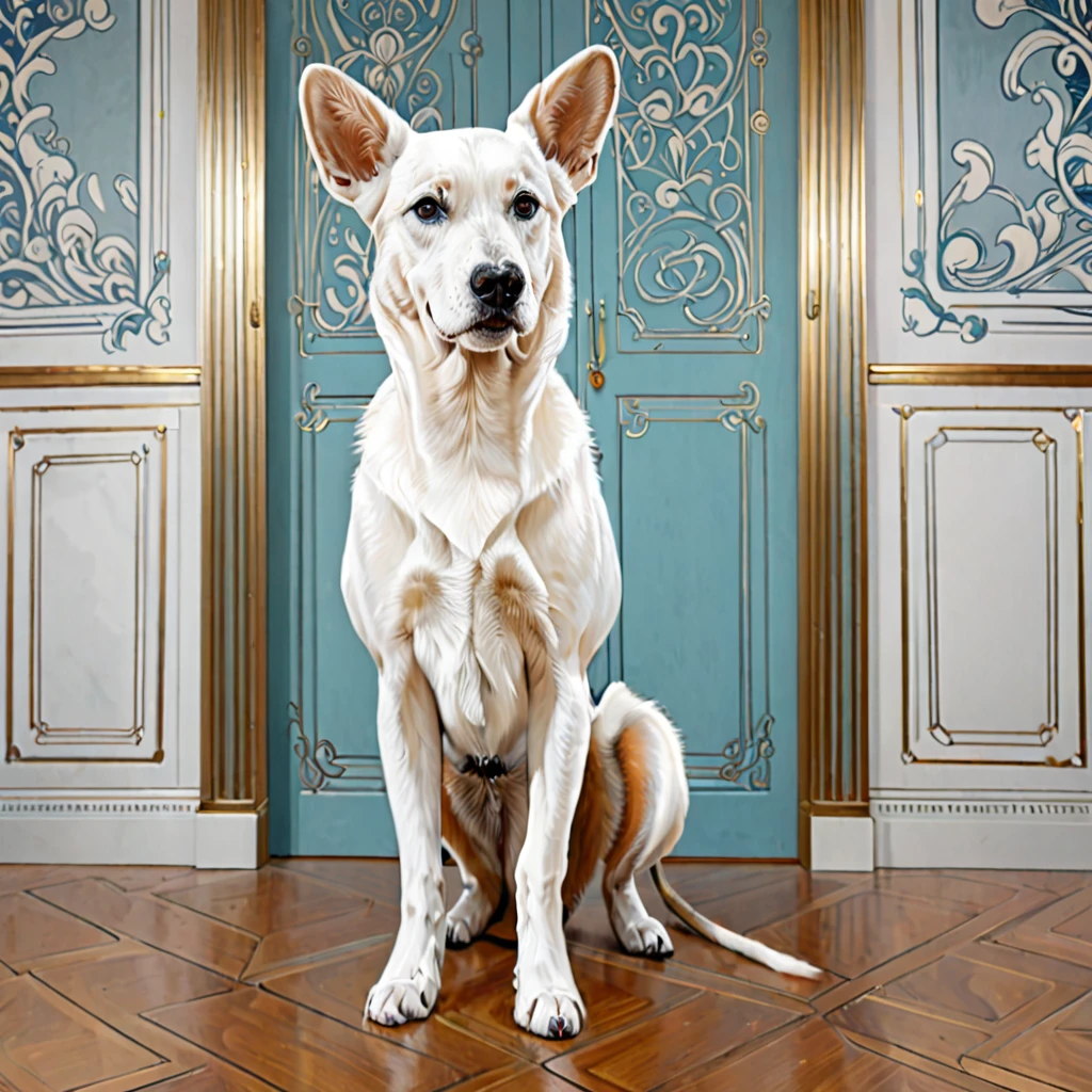 there is a drawing of a dog standing in a room, an illustration of by Thomas Dalziel, shutterstock contest winner, art nouveau, digital art of an elegant, anthropomorphic dog, hypperrealistic illustration, regal pose, a painting of white silver, dignified aristocrat, a hyper realistic, royal elegant pose, beautiful painting of a tall