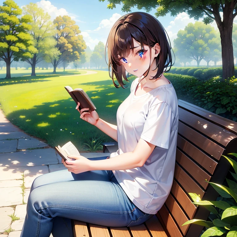 Masterpiece, best quality, 1girl, has short brown hair, has blue eyes, beautiful eyes, wears blue sweetshirt and farmer jeans, sitting on a bench in the park, read a book, sunny day  