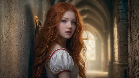 (snow white long ginger hair teen girl,13 years old with spread legs:1.6), (long, messy hair:1.3), blue eyes, detailed eyes, det...