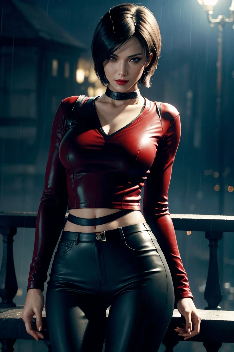 Resident Evil 6,Ada,Short Hair,Red Shirt,Stand up your collar,Black Leather Pants,Photorealistic,Ultra HD,high quality,masterpiece,Digital SLR,Detailed details,Intricate details,Anatomical basis,Depicted in detail,A detailed face,Realistic skin texture,Vivid details,Perfect Anatomy,Perfect Anatomy,Anatomically correct hand,Anatomically correct fingers,Super Detail,Complex 3D rendering,Sexy pose,Rainy Sky,Beautiful scenery,Fantastic rainy sky,Picturesque,Red Lip,smile,