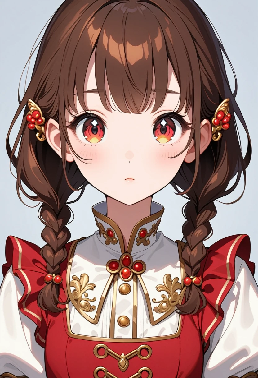 front，ID photo，An anime girl wearing a red skirt and black，She has brown hair and eyes。Her hair was tied into two small braids.，And wearing red flower ornaments on the ears。She wears a white blouse，It has gold buttons and pink cuffs.。Clean and tidy style