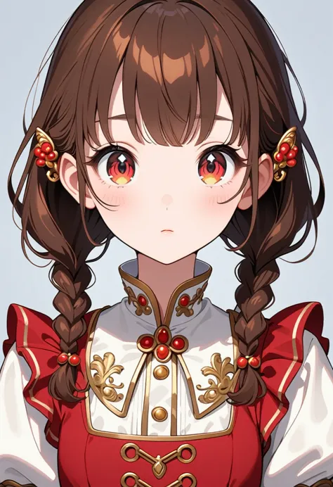 front，ID photo，An anime girl wearing a red skirt and black，She has brown hair and eyes。Her hair was tied into two small braids.，...