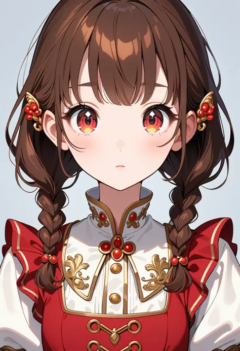 front，id photo，an anime girl wearing a red skirt and black，she has brown hair and eyes。her hair was tied into two small braids.，...