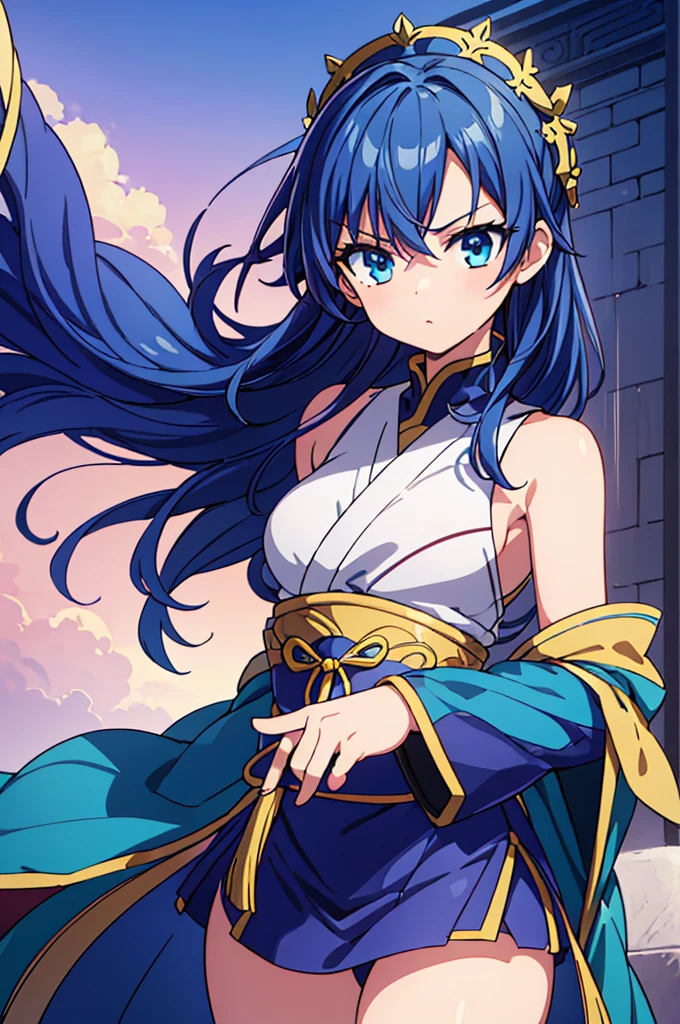 Highest quality, masterpiece, High resolution, alone, （Fire Emblem: Cecil），（Fire Emblem: Genealogy of the Holy War），Long sword，kimono，（Sword pose），（Jinhaori），Evening sky_background，Young Girl，Anime Style, Highest quality, 4k, masterpiece,， alone, 1,whole body，looking at the camera, Shinkai Makoto style, （blue_Hair Color）Sharp Eyes，（Full Finger）, （Accurate fingertips）, （The finer details）, （Anatomically correct）, (映画のbackground), Hyper Detail, (Subtle details), (Intricate details),