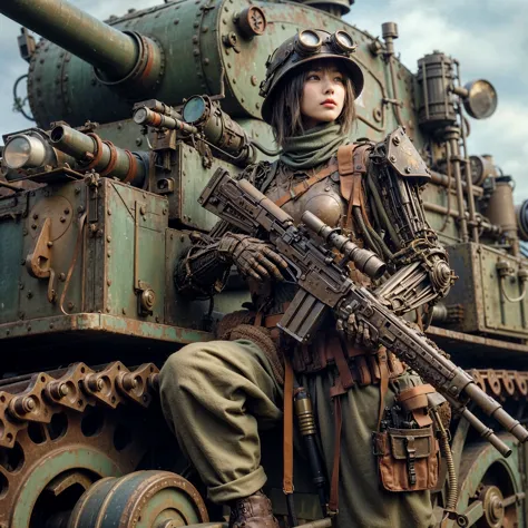 (masterpiece, best quality:1.2), (8k uhd, 16k, 32k, ultra high res), steampunk, fictional wwii former japanese imperial army arm...