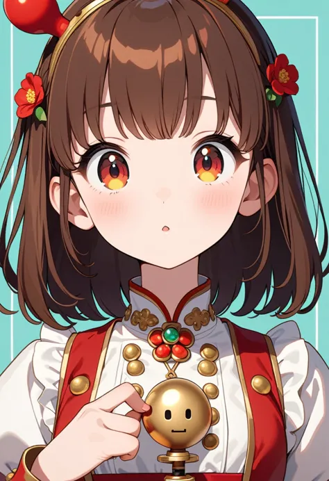 front，id photo，an anime girl wearing a red skirt and black，she has brown hair and eyes。ball head，and wearing red flower ornament...