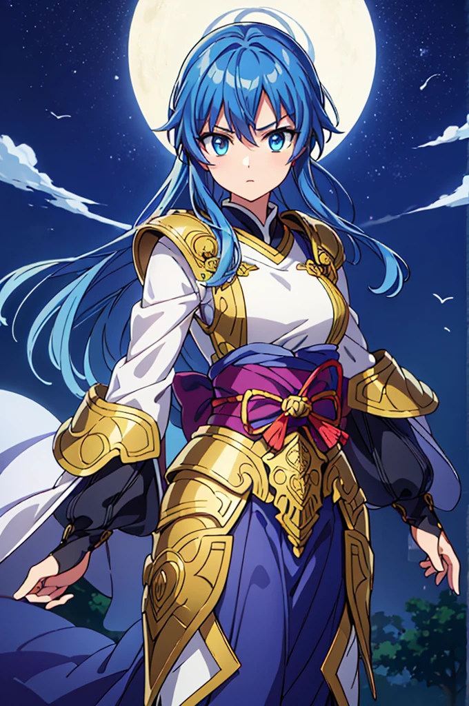 Highest quality, masterpiece, High resolution, alone, （Fire Emblem: Cecil），（Fire Emblem: Genealogy of the Holy War），Long sword，kimono，Great armor、Nothing，（Armor‗Japan），（Sword pose），（Jinhaori），Evening sky_background，Young Girl，Anime Style, Highest quality, 4k, masterpiece,， alone, 1,whole body，looking at the camera, Shinkai Makoto style, （blue_Hair Color）Sharp Eyes，（Full Finger）, （Accurate fingertips）, （The finer details）, （Anatomically correct）, (映画のbackground), Hyper Detail, (Subtle details), (Intricate details),