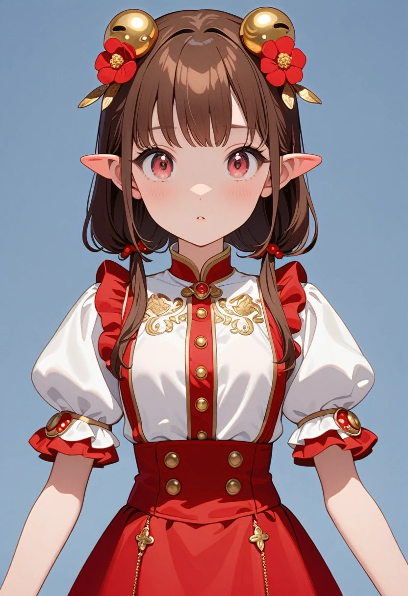 front，ID photo，An anime girl wearing a red skirt and black，She has brown hair and eyes。There are balls on both sides of the head，And wearing red flower ornaments on the ears。She wears a white blouse，It has gold buttons and pink cuffs.。Clean and tidy style