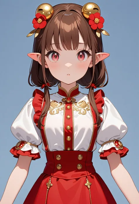 front，ID photo，An anime girl wearing a red skirt and black，She has brown hair and eyes。There are balls on both sides of the head...