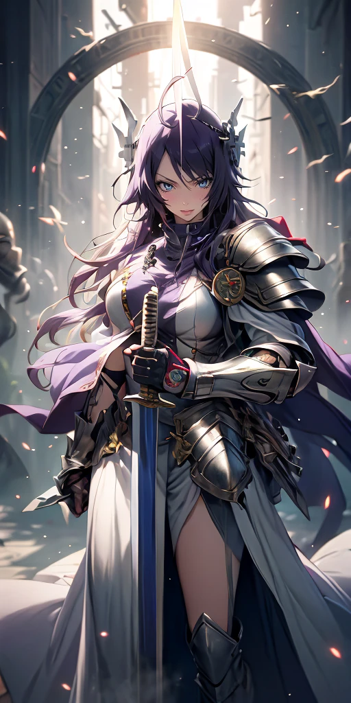 MC, ahoge, (long hari, purple hair:1.3), hair ornament, dark-blue eyes, anatomically correct, heavy breathing, mature female,solo, 1girl, holding, standing, weapon, female focus, sword, cape, holding weapon, armor, holding sword, shoulder armor, gauntlets, facing viewer, pauldrons, breastplate, planted, full armor, bokeh, backlighting, firefly, fireflies, hollow eyes, bright pupils, dark-blue eyes, looking at viewer. glowing eyes heavy breathing, seductive smile, (steaming face:1.3), blush face, lips,