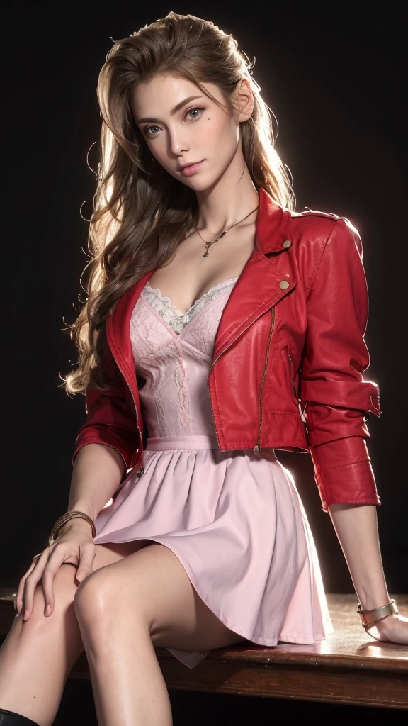(masterpiece, best quality:1.4), (The days to come), (Full of white flowers), (1 Girl), ((18 years old)), Solitary, (European Youth:1), Alice Gainsborough, Necklace, Cropped Jacket, Hairpin, bracelet, (((Red Jacket))), (((Pink skirt))), (Show off your beautiful legs) ，Brown high heel boots, Visible throughout the body, Very long hair, Headband, Flowering, Red off-the-shoulder dress, high heels hyperPractical, High Detail Skin, Digital SLR Camera, Soft lighting, high quality, Highly detailed face, Very delicate skin, Skin pores, Subsurface scattering, Practical pupils, Medium breasts, Full flush, Full lips, Detailed background, Depth of Field, Volumetric Lighting, Clear focus, absurd, Practical proportions, Good anatomy, ((A faint smile)), ((Looking at the audience)), ((Cowboy shooting)), (Practical, hyperPractical:1.4), 16k High Dynamic Range, , Medium breasts