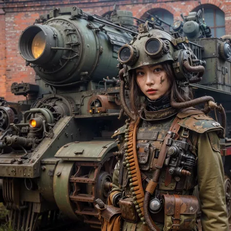 (masterpiece, best quality:1.2), (8k uhd, 16k, 32k, ultra high res), Steampunk, fictional WWII former Japanese Imperial Army arm...