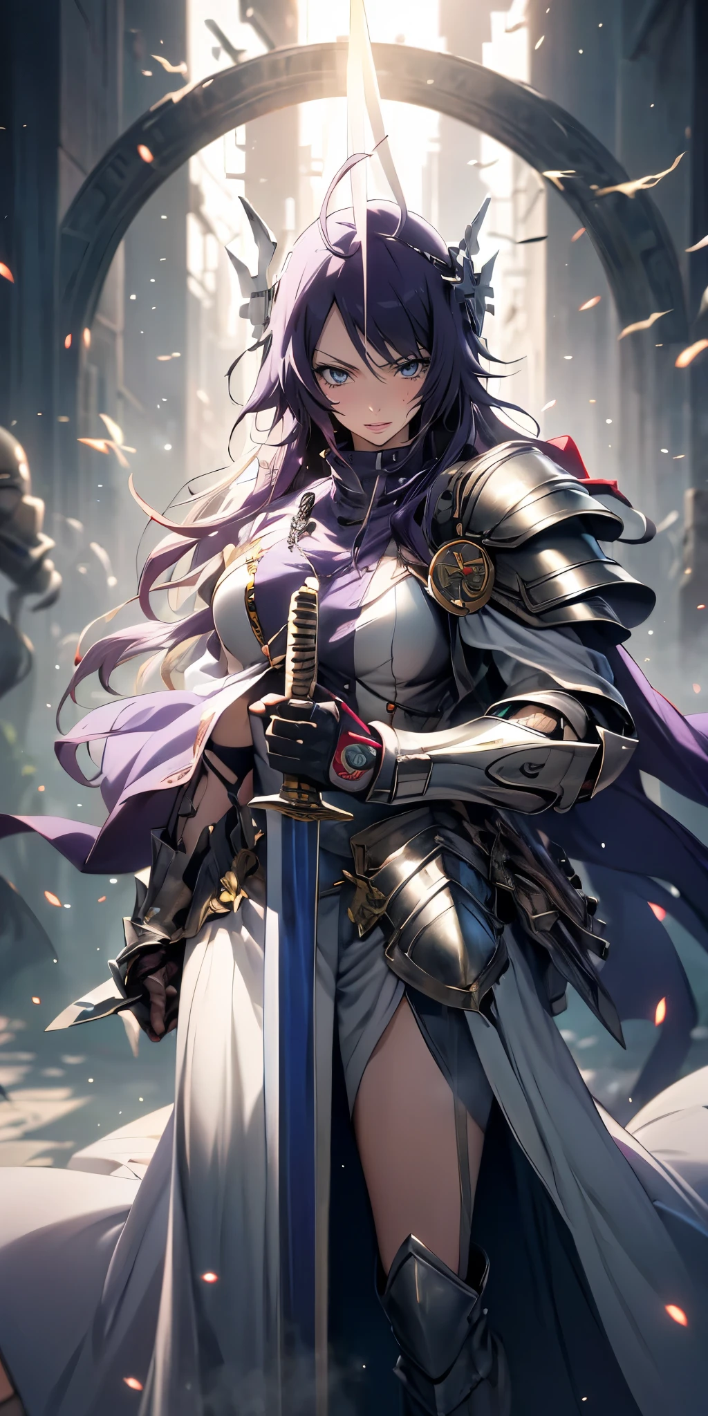 MC, ahoge, (long hari, purple hair:1.3), hair ornament, dark-blue eyes, anatomically correct, heavy breathing, mature female,solo, 1girl, holding, standing, weapon, female focus, sword, cape, holding weapon, armor, holding sword, shoulder armor, gauntlets, facing viewer, pauldrons, breastplate, planted, full armor, bokeh, backlighting, firefly, fireflies, hollow eyes, bright pupils, dark-blue eyes, looking at viewer. glowing eyes heavy breathing, seductive smile, (steaming face:1.3), blush face, lips,