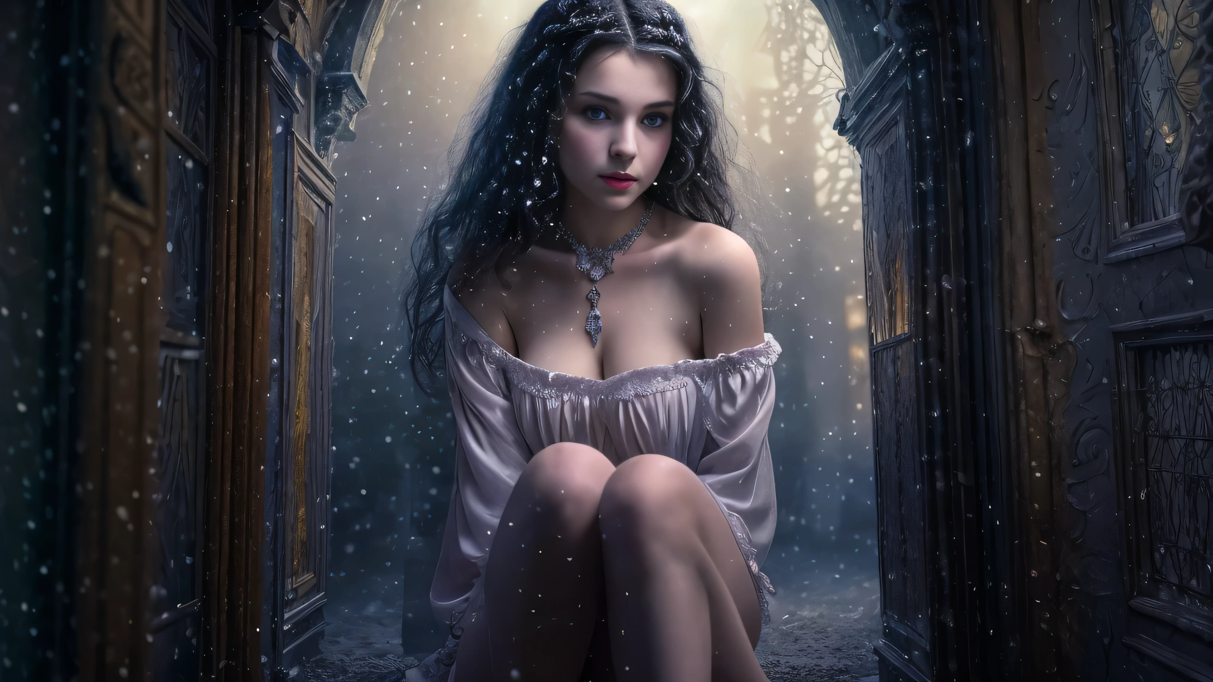 (snow white teen girl,13 years old with spread legs:1.6), (long, messy hair:1.3), blue eyes, detailed eyes, detailed lips,(lies nude, sensual, full body:1.5), (photo different angles:1.5), (lies in a long dark corridor in castle lit by the moon:1.5), (dark mood, creepy, mist, dust,fog:1.5) low neck, ray tracing, (best quality, 4k, 8k, high resolution, masterpiece:1.2), very detailed, (realistic , photorealistic, photorealistic :1.37), HDR, UHD, masterpiece, professional, vivid colors, bokeh, studio lighting,nsfw