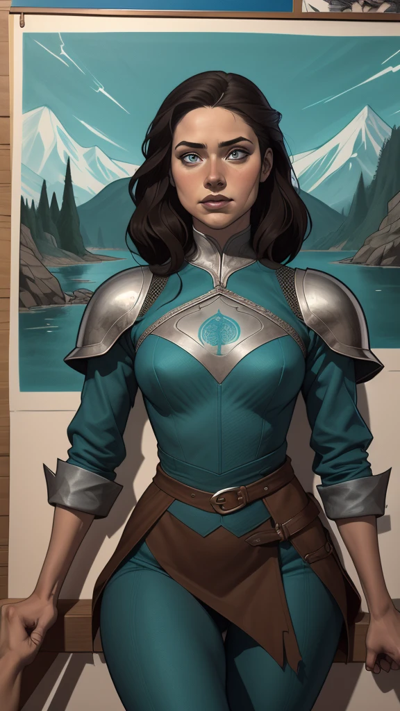 An illustrated poster for the film, hand drawn, full color, a Westerosi teenager, wearing a royal tunic, warm brunette complexion, freckles, turquoise eyes, dark hair, long, loose curls, waist length hair, posing on a pedestal, hard shadows, graphite shading, stencil marks, retouched acrylic ink, work of art, not Game of Thrones style 