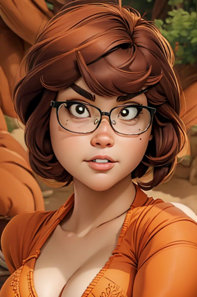 (masterpiece:1.2), (best quality), (ultra detailed), (8k, 4k, intricate),(half-shot:1.2),(cowboy:1.2),(highly detailed:1.2),(detailed face:1.2), (detailed background),(portrait),detailed landscape, velma, 1girl, solo, breasts, glasses, tbrown eyes, short hair, large breasts, ((bikini,)) red hair, brown hair, looking at viewer, sitting, orange sweater, forest background