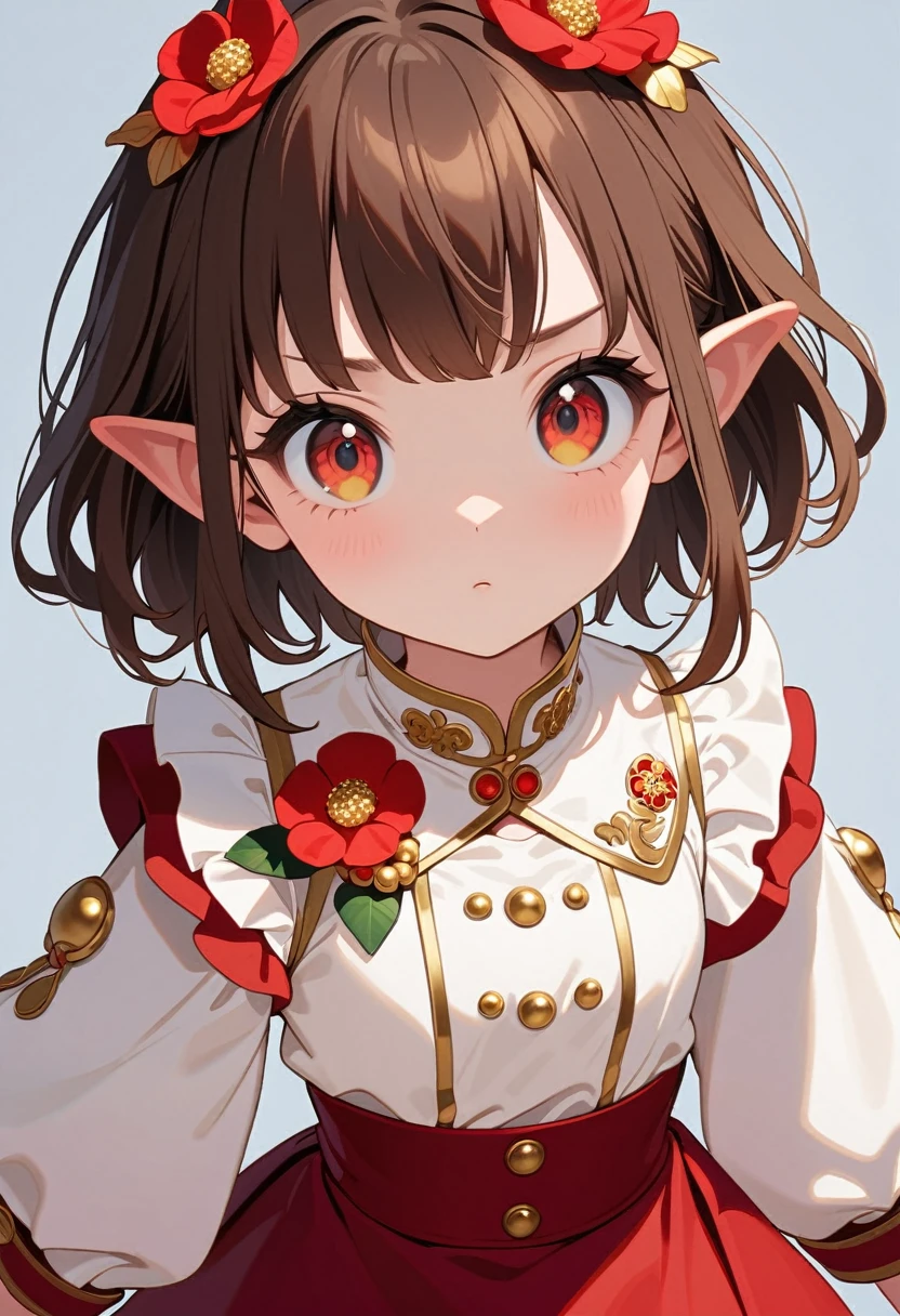 front，ID photo，An anime girl wearing a red skirt and black，She has brown hair and eyes。There are balls on both sides of the head，short hair，And wearing red flower ornaments on the ears。She wears a white blouse，It has gold buttons and pink cuffs.。Clean and tidy style，A determined look