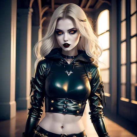 Vampire Girl. tousled short gold hair black streaks. white colored eyes. very extremely beautiful, Beautiful face of a young gir...
