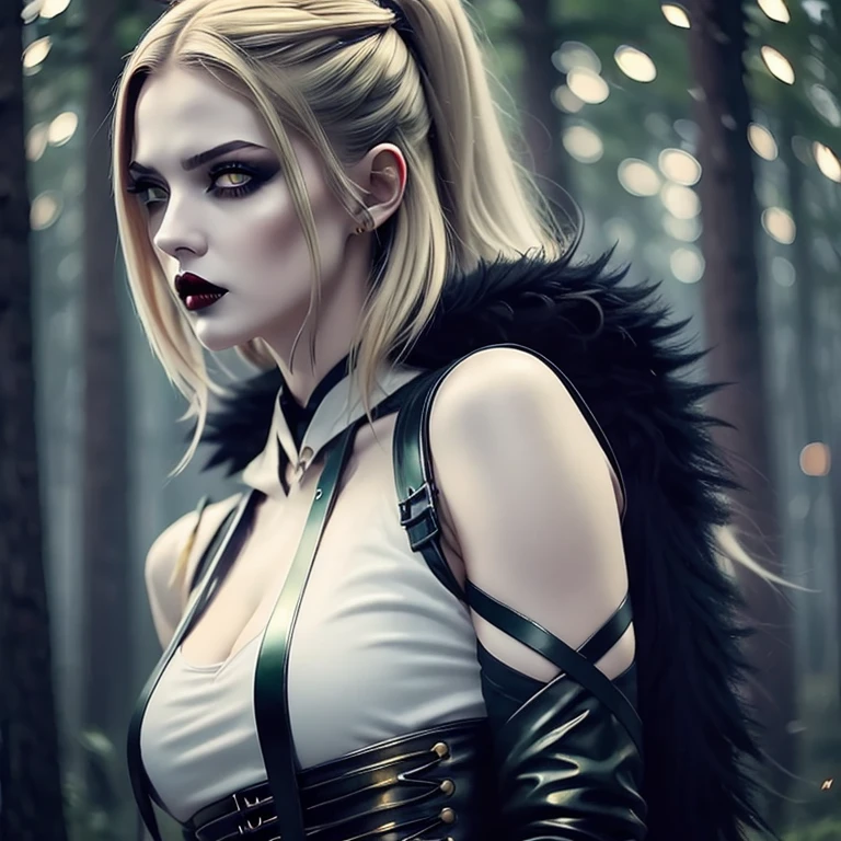 Vampire Girl. tousled short gold hair black streaks. white colored eyes. very extremely beautiful, Beautiful face of a young girl. Gothic Leather Necromancer Armor, black-green, Black pants.many details, Gloomy mood. Mystical black-green forest with magical runes. Semi-fantastic realism. the golden ratio. a lot of details, necromancy, мистическое Gloomy mood, Lots of glowing elements. Horror. fantasy style.