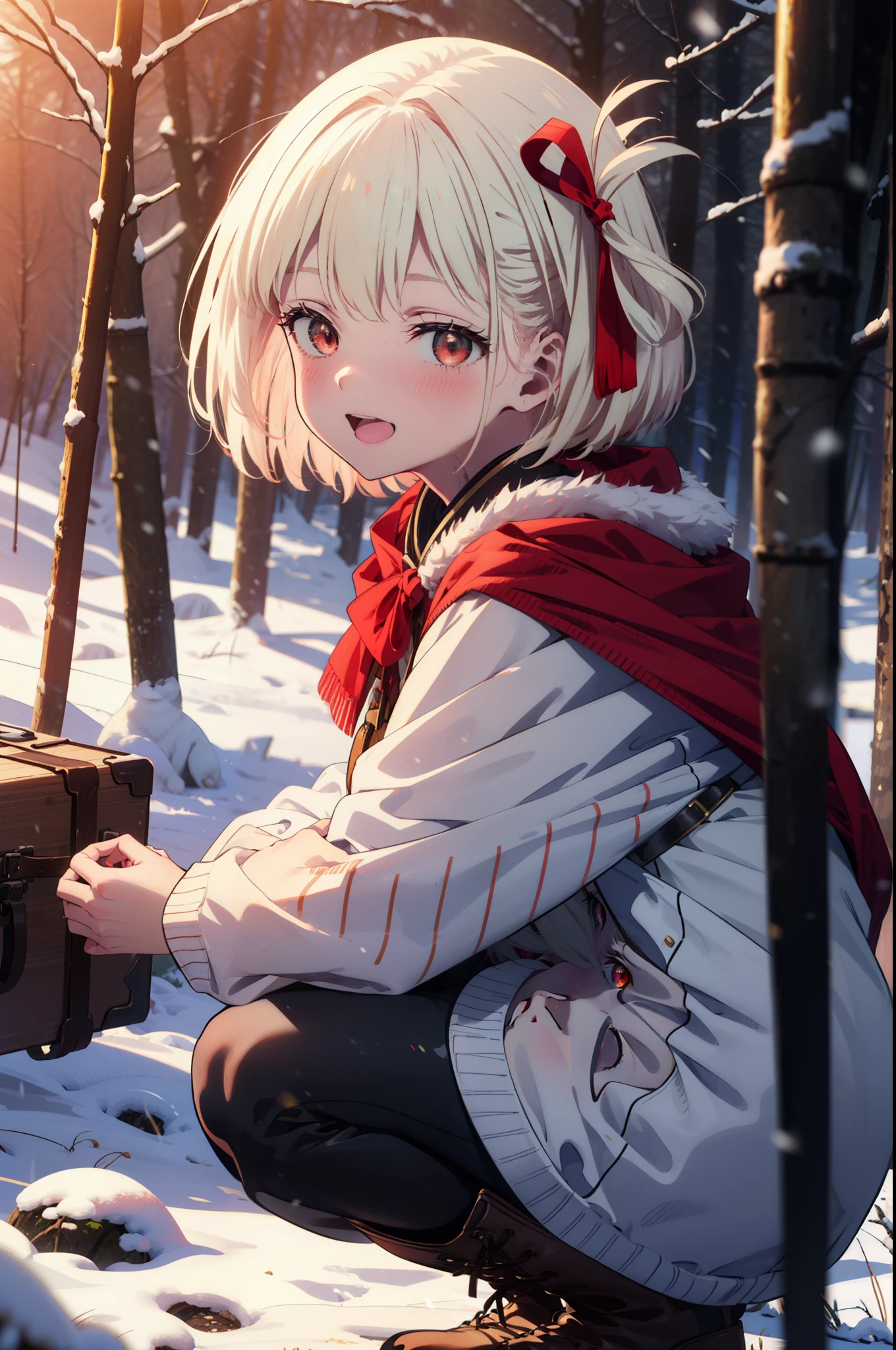 chisatonishikigi, Chisato Nishikigi, short hair, bangs, blonde, (Red eyes:1.5), Hair Ribbon, One side up, Bobcut,smile,blush,happy smile, smile, Open your mouth,
White Breath, Open your mouth,snow, Ground bonfire, Outdoor, boots, snowing, From the side, wood, suitcase, Cape, Blurred, Increase your meals, forest, White handbag, nature, Squat, Mouth closed, フードed Cape, winter, Written boundary depth, Black shoes, red Cape break looking at viewer, Upper Body, whole body, break Outdoor, forest, nature, break (masterpiece:1.2), Highest quality, High resolution, unity 8k wallpaper, (shape:0.8), (Beautiful and beautiful eyes:1.6), Highly detailed face, Perfect lighting, Highly detailed CG, (Perfect hands, Perfect Anatomy),