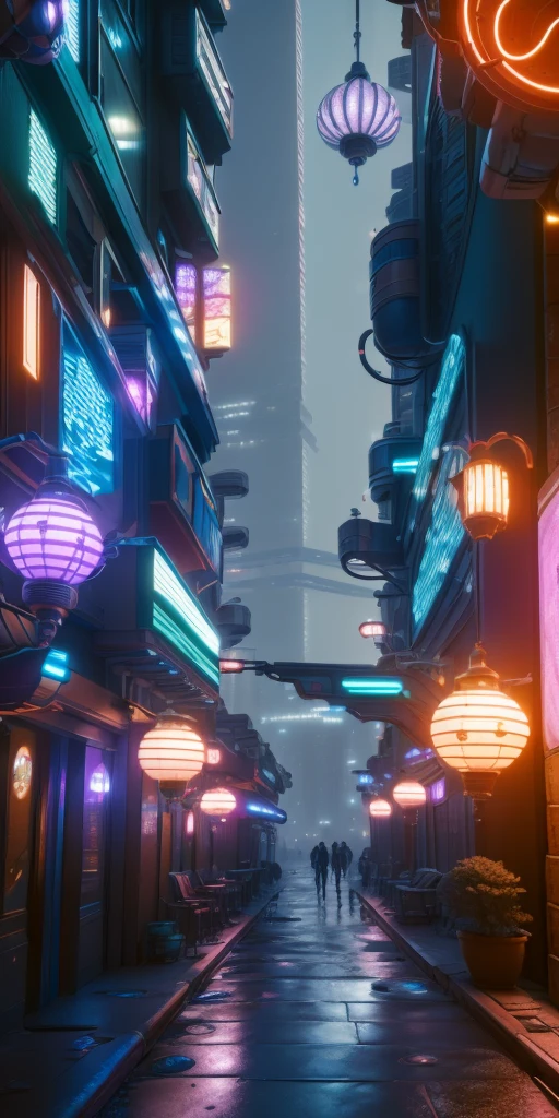 An illustration depicting a cyberpunk cityscape at night. A narrow alley filled with neon signs and exotic, futuristic lamps illuminating the surroundings. Various colors of neon lights are scattered along the street, with blue and purple lights standing out prominently. The buildings feature unique decorations with elements of Asian-style design. The sidewalk has a wet sheen, reflecting the lights. The perspective provides a sense of depth, with tall skyscrapers visible in the background. The image is rich in detail, creating a fantastical and futuristic atmosphere.