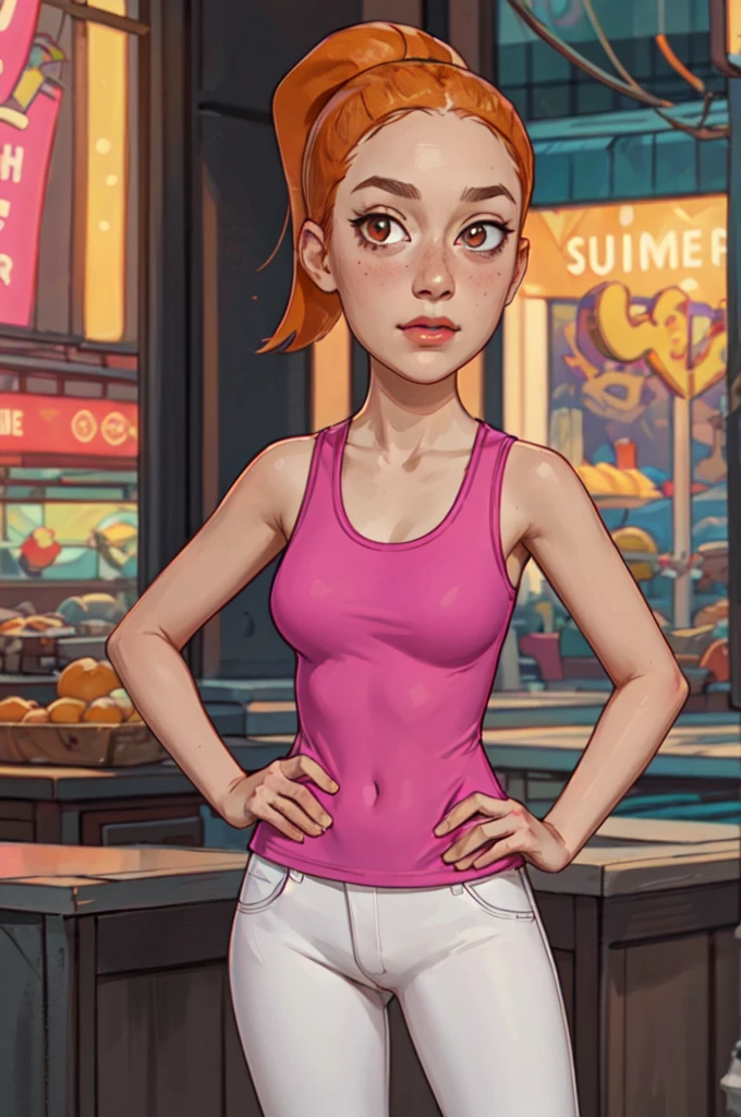 summer.smith, orange hair, 1girl, ponytail, solo, pink tank top, white pants, breasts,looking at viewer,standing, upper body, hand on hip,       