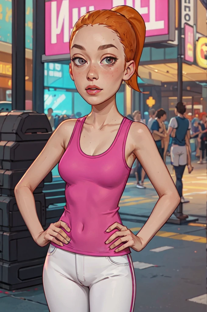 summer.smith, orange hair, 1girl, ponytail, solo, pink tank top, white pants, breasts,looking at viewer,standing, upper body, hand on hip,       