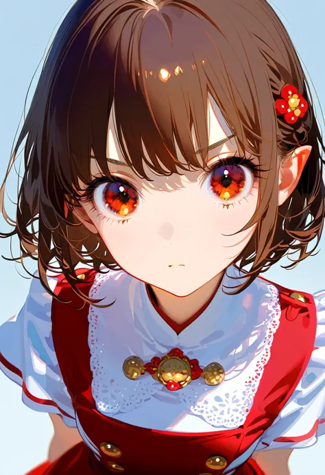 front，id photo，an anime girl wearing a red skirt and black，she has brown hair and eyes。there are balls on both sides of the head...